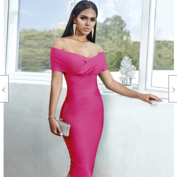 NEW OFF THE SHOULDER BARDOT BANDAGE DRESS MARGOT ROBBIE NAOMI DRESS MAGENTA PINK - Picture 4 of 10